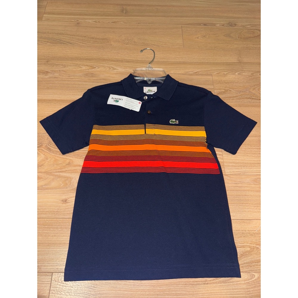 Lacoste Boys Navy Blue Sunset Stripe Pique Polo Shirt‎ Size 10 NWT